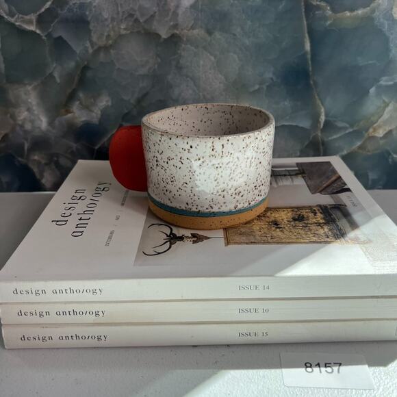 Studio Art Pottery Hand Thrown Mug 3" Speckled White Black Unique Orange Handle - Picture 8 of 12